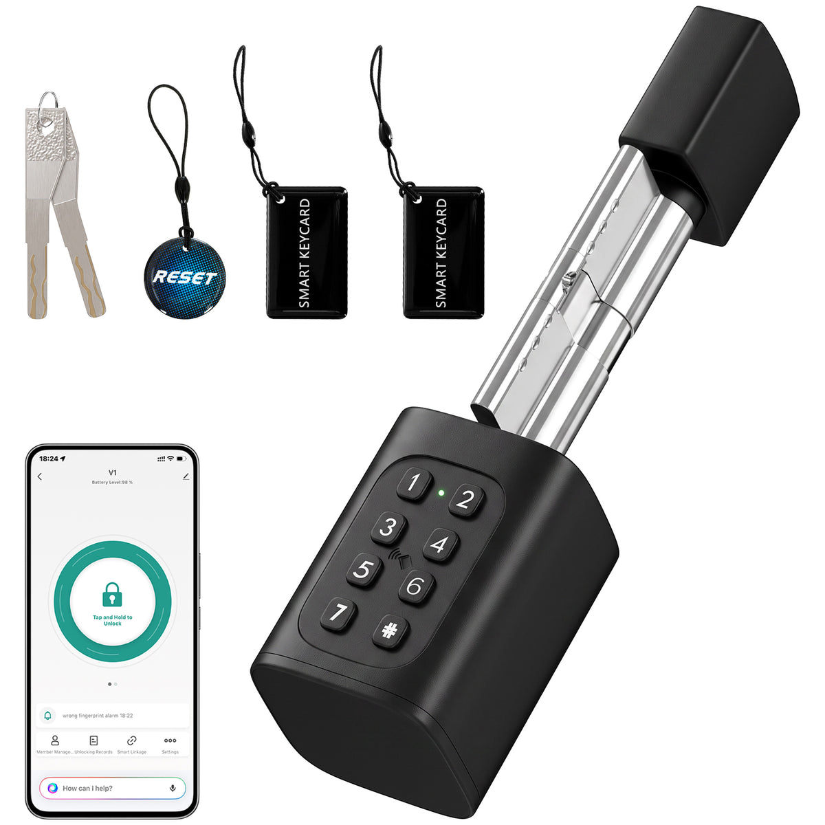 Photo of HOMCOM Smart Door Cylinder, 5-in-1 (Fingerprint Biometrics/Passcode/APP/NFC Card/Key), Shared Access, Bluetooth Cylinder in Cylinder colour on a white background