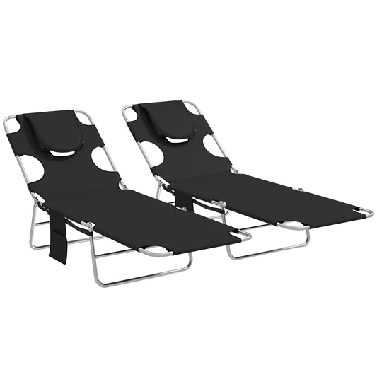 Photo of Outsunny 5-Position Adjustable Sun Loungers Set of 2 with Reading Hole and Side Pocket, Black in Black colour on a white background