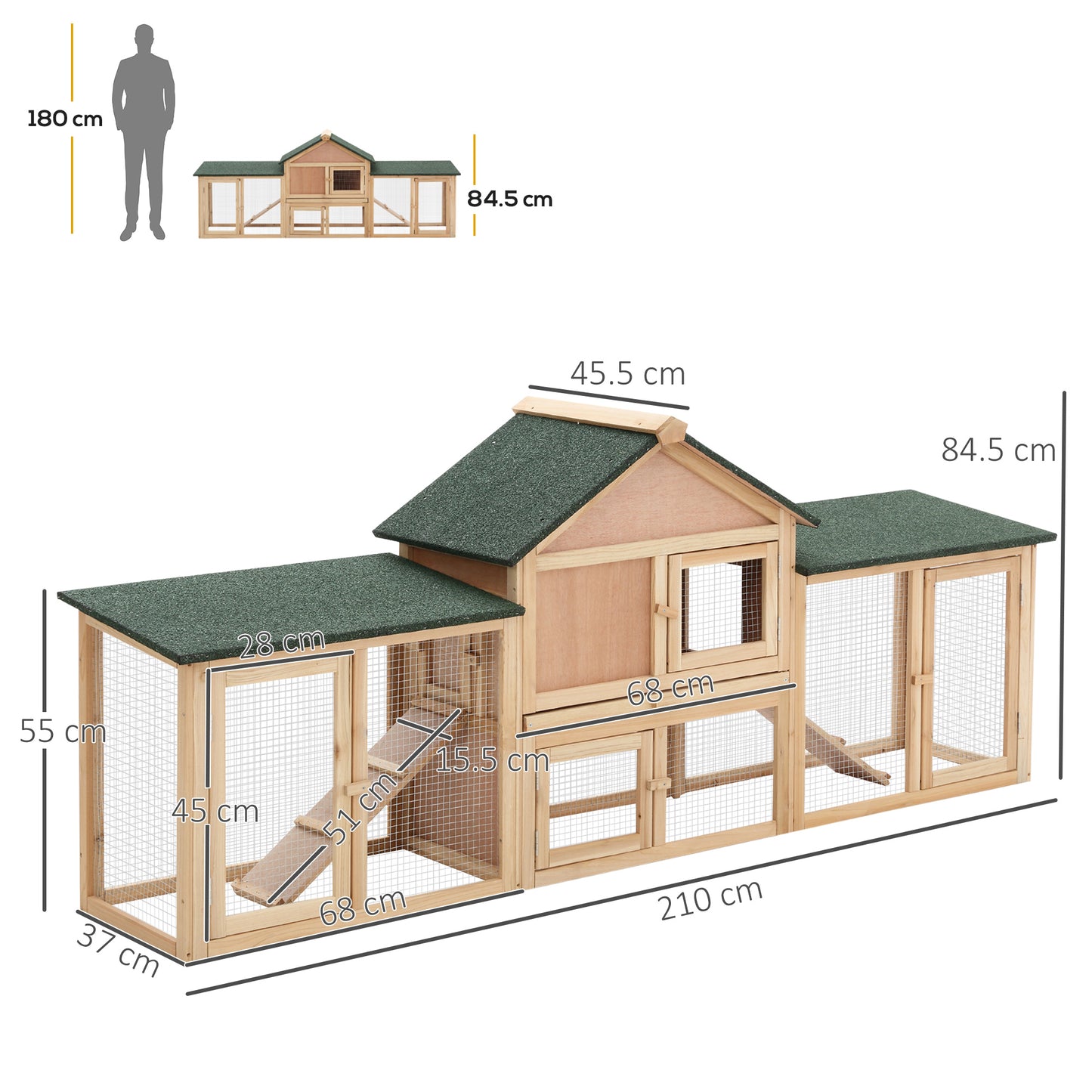 PawHut Wooden Rabbit Hutch 2-Storey with Run Outdoor Bunny Guinea Pig, Natural Wood