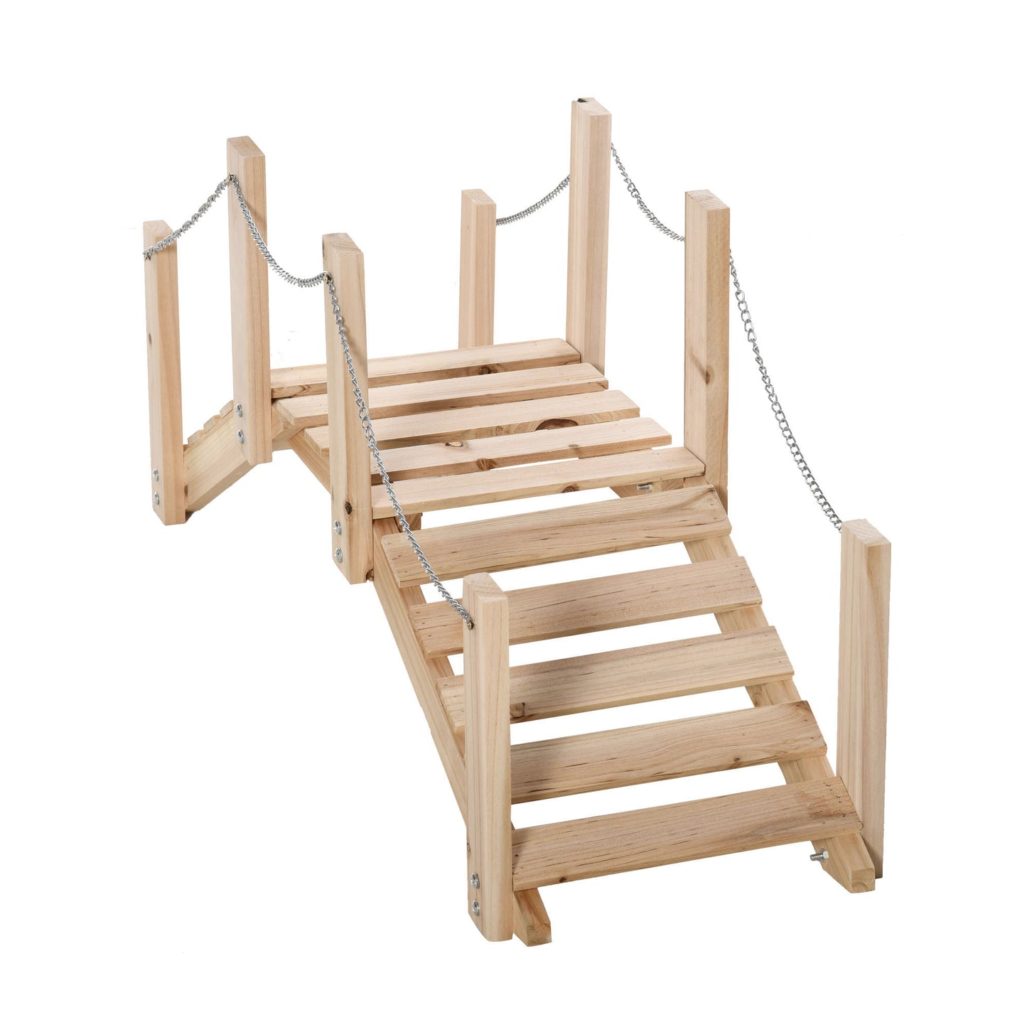 Photo of Outsunny Small Fir Wooden Garden Bridge, Arch Walkway with Metal Chain Railings for Landscape Creek Pond, Natural Wood in Wood colour on a white background