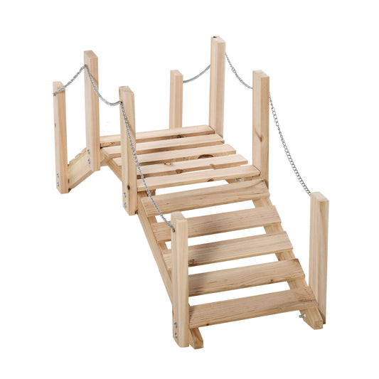Photo of Outsunny Small Fir Wooden Garden Bridge, Arch Walkway with Metal Chain Railings for Landscape Creek Pond, Natural Wood in Wood colour on a white background