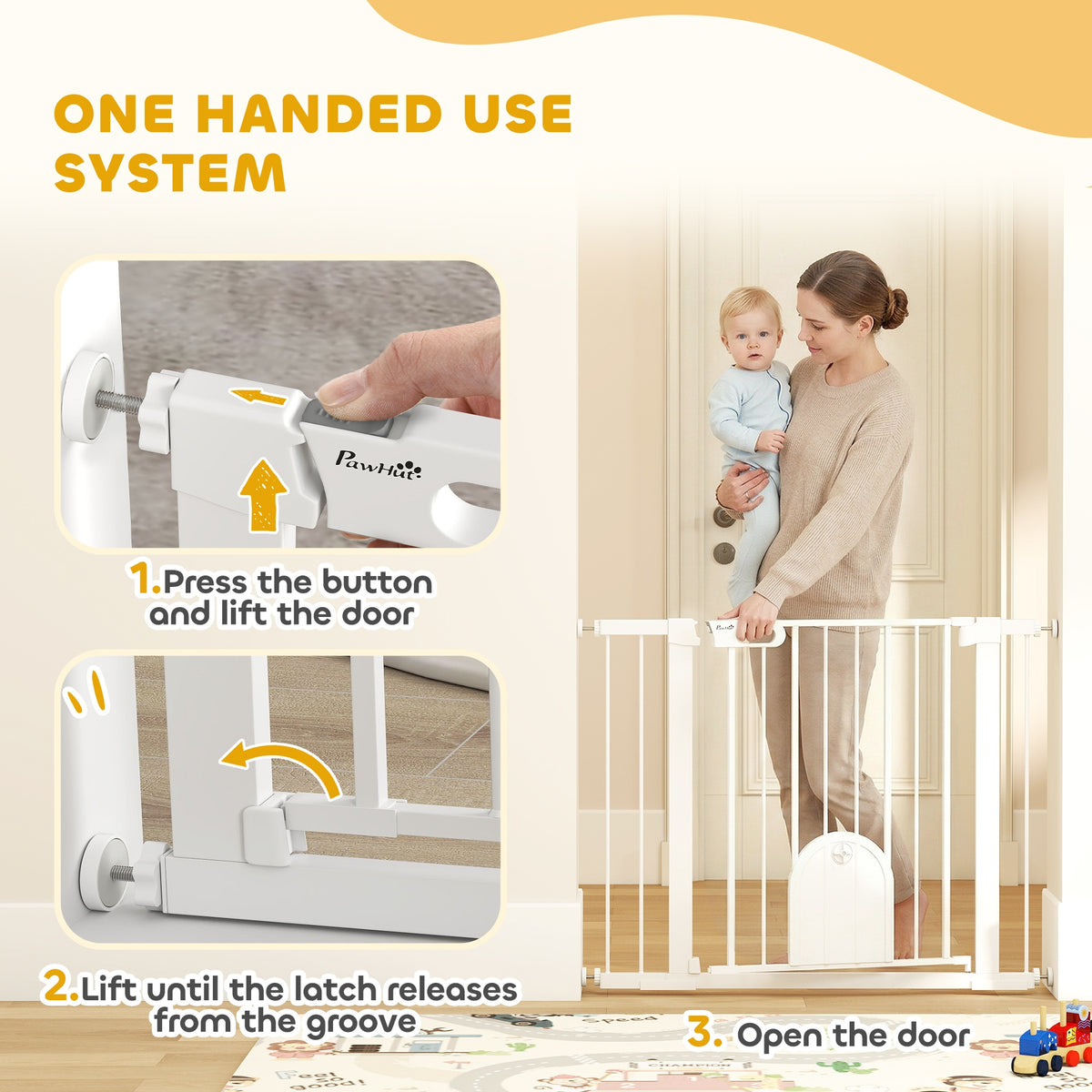 PawHut white pet gate with cat flap, showing the one-handed opening latch