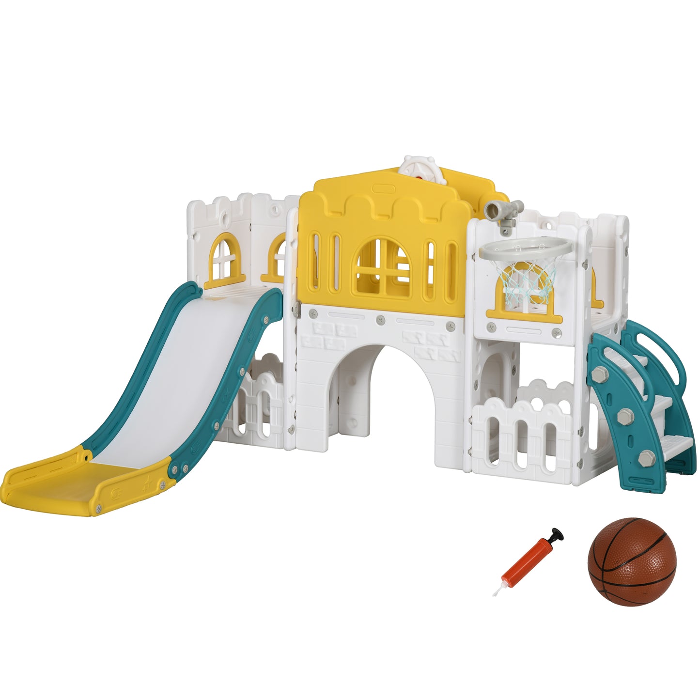 Photo of AIYAPLAY 7-in-1 Toddler Slide for Ages 1-3 Years with Basketball Hoop in Hoop colour on a white background