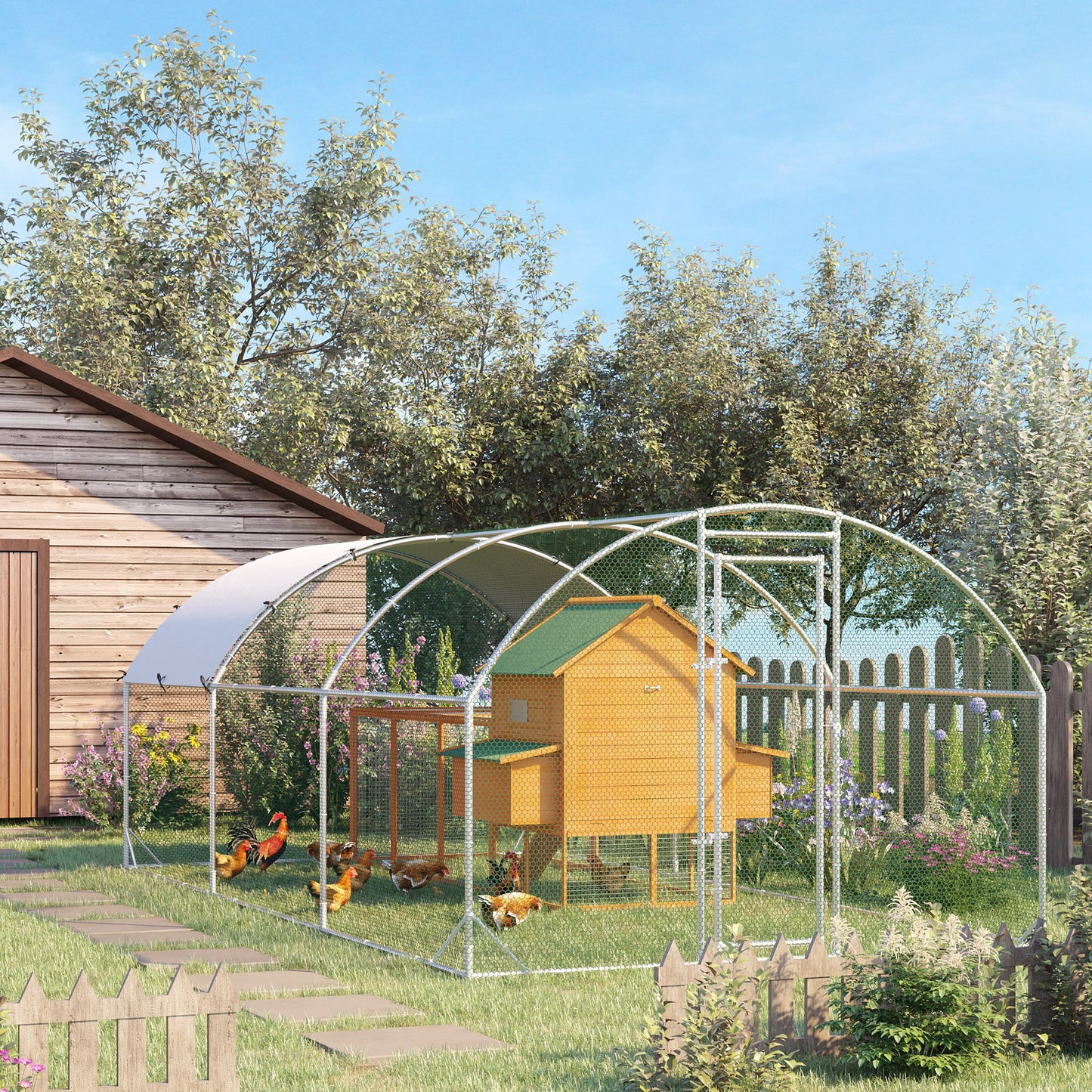 PawHut Large Galvanised Chicken Coop with Cover 5.7x2.8x2m Outdoor for Hens - Silver Grey