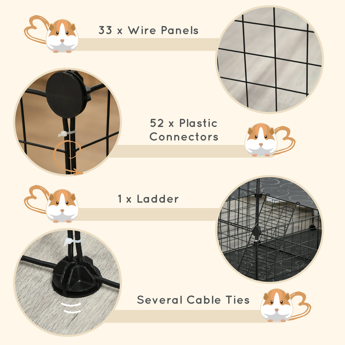 Black wire playpen details show mesh panels, plastic connectors, ladder, and cable ties.