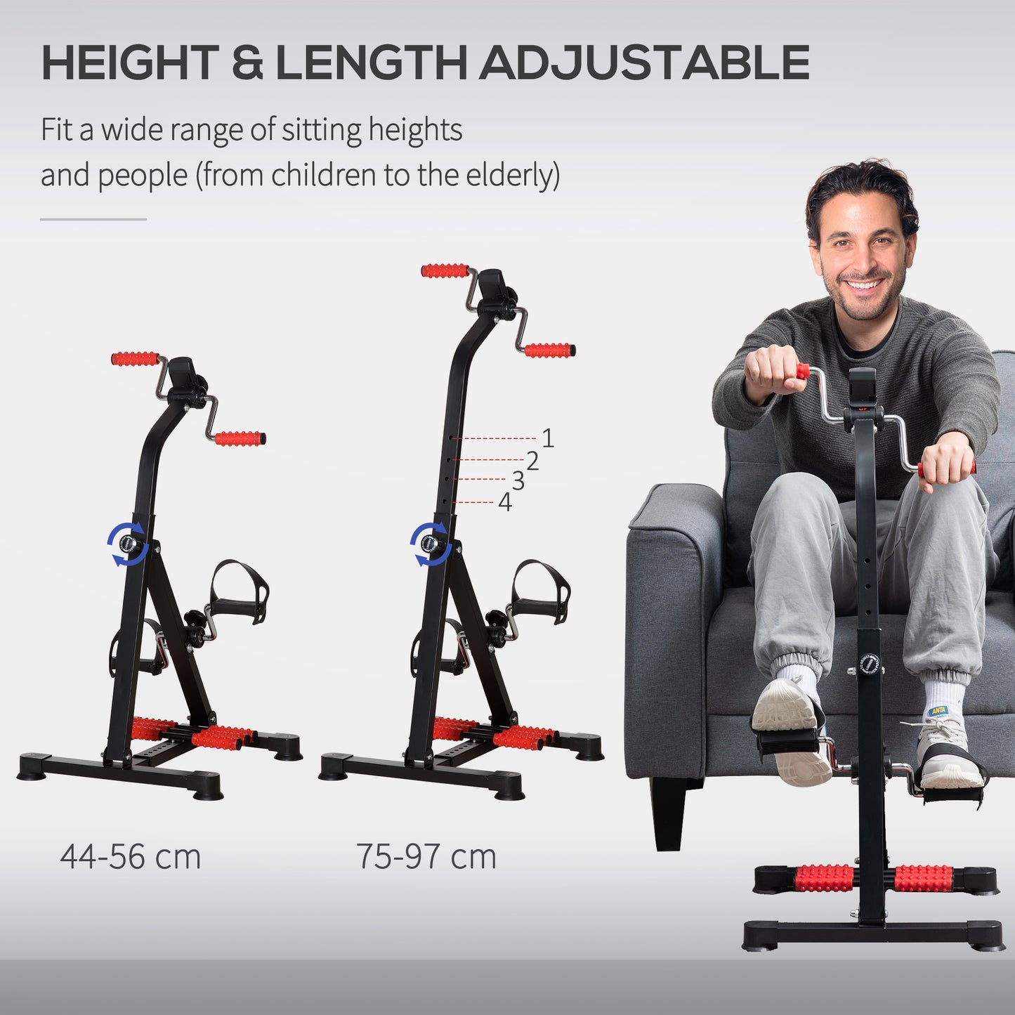 HOMCOM Portable Exercise Bike for Home Pedal Exerciser Height-adjustable 56L x 44- 56W x 75- 97H cm Black and Red
