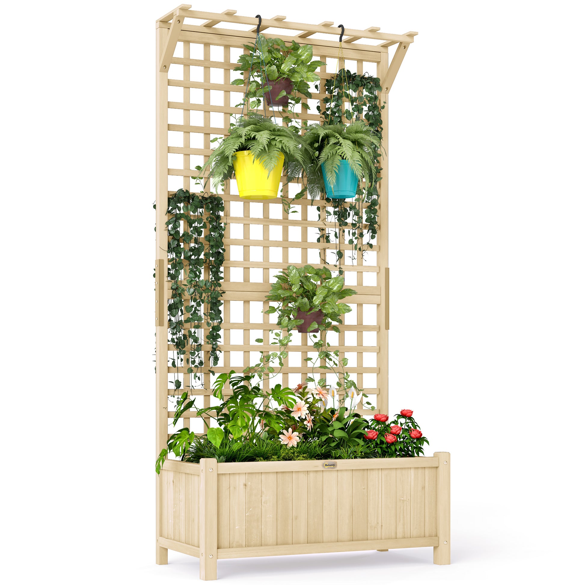 Photo of Outsunny Raised Bed & Privacy Screen with Drainage Holes, Wood Planter with Trellis for Climbing Plants to Grow Vegetables, Flowers, Natural in Natural colour on a white background