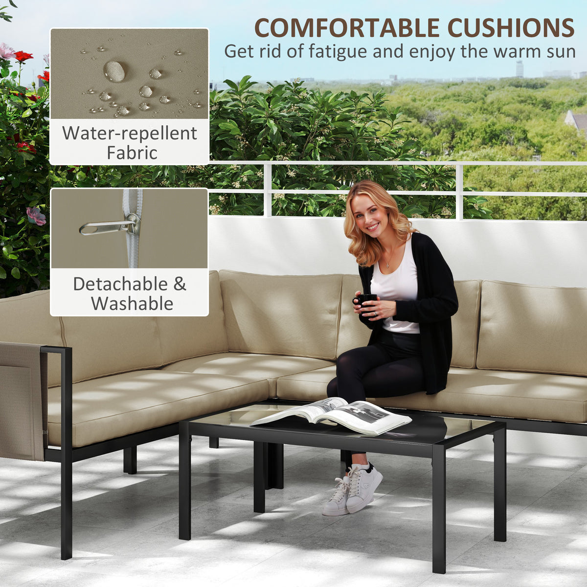 Outsunny 5 Seater Garden Corner Sofa Set, 4 Pieces Metal Garden Furniture Set with Loveseats, Glass Top Coffee Table, Breathable Mesh Pocket, Outdoor Conversation Furniture with Cushions, Khaki