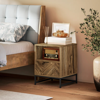 HOMCOM brown wood-effect bedside table beside a bed, showing its open shelf and patterned drawer