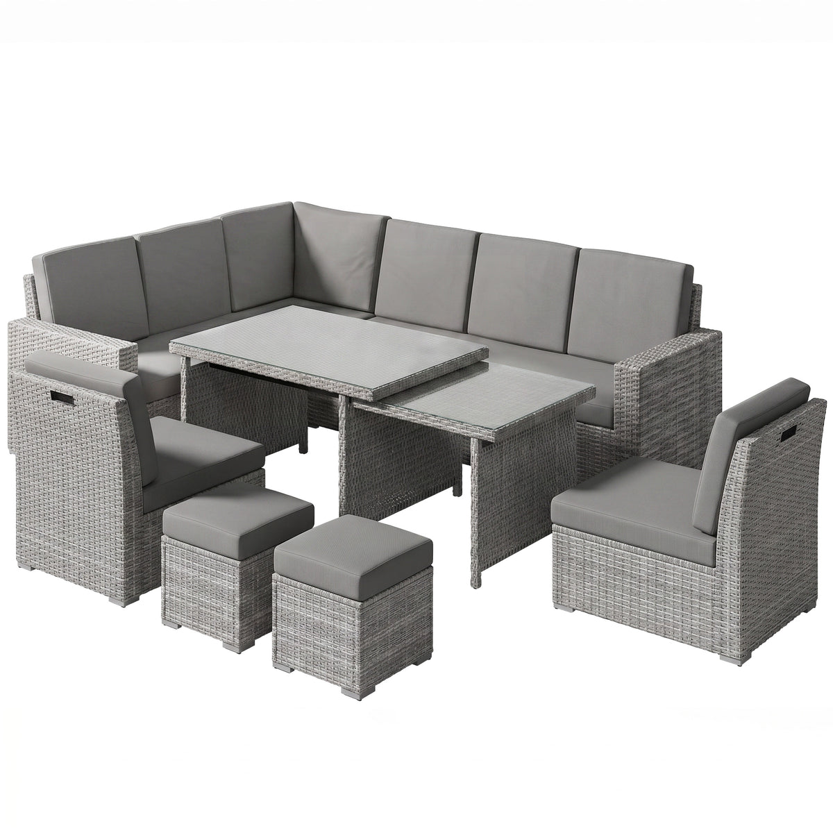Outsunny seven-piece light grey rattan garden sofa set with cushions, stools and expanding table
