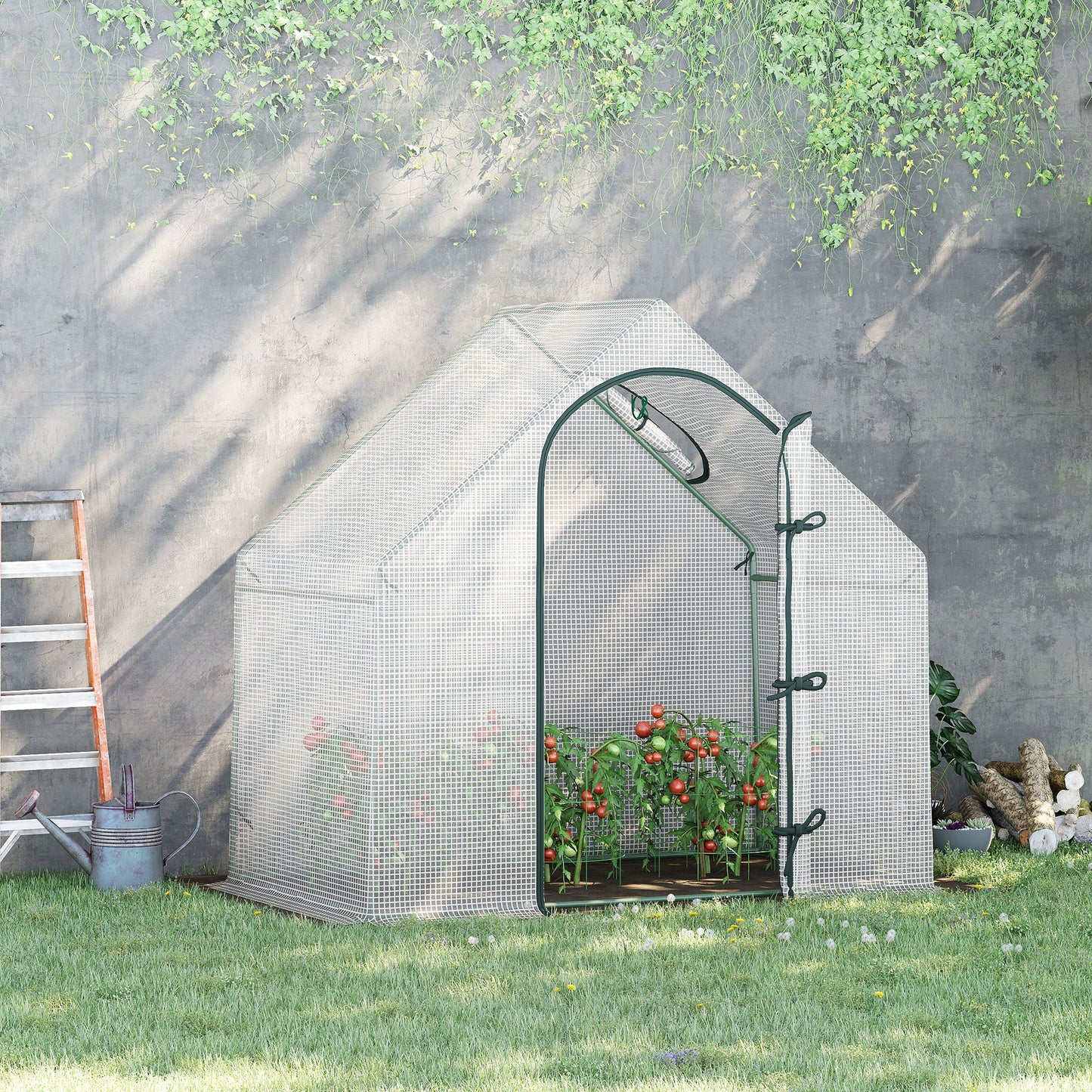 Outsunny Walk In Tomato Greenhouse Garden Outdoor Mini Greenhouse Flower Planter Steel Frame with Zipped Door & Window, PE Cover, 180 x 100 x 168CM,  White