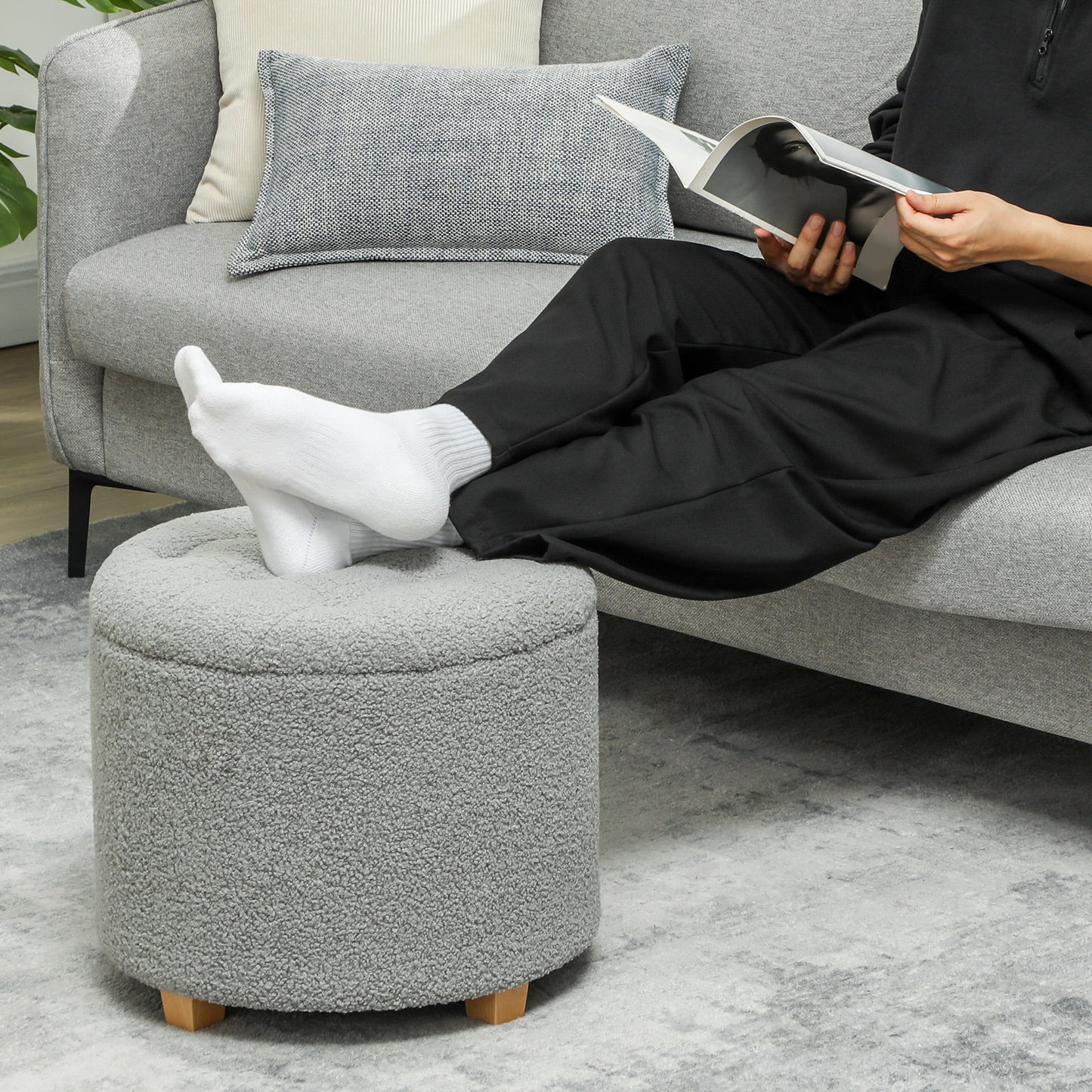 HOMCOM 40.5L Teddy Fleece Storage Ottoman - Grey