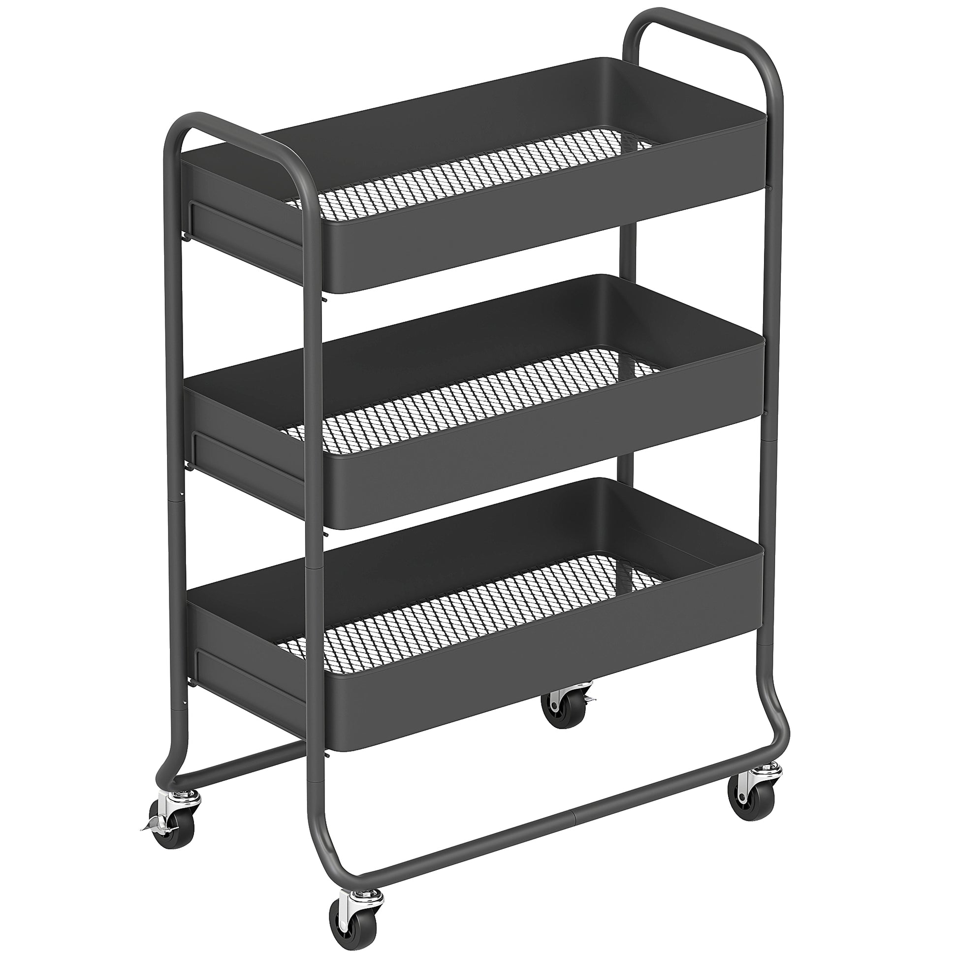 Photo of HOMCOM 3-Tier Storage Trolley on Wheels, Rolling Utility Cart with Mesh Backets for Kitchen, Bathroom, Bedroom, Black in Black colour on a white background