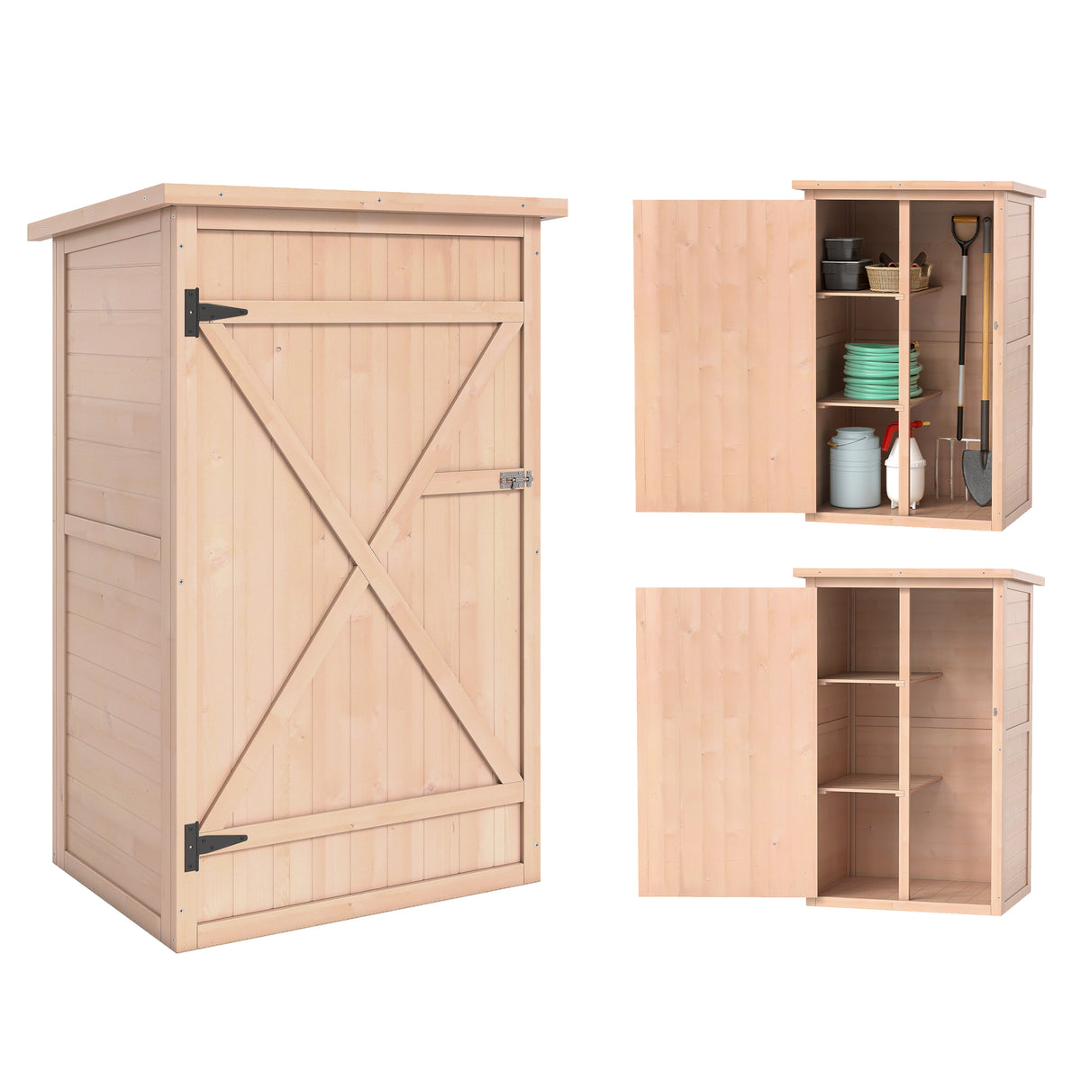 Outsunny natural wood garden shed with cross-braced door, latch, shelves, and open storage