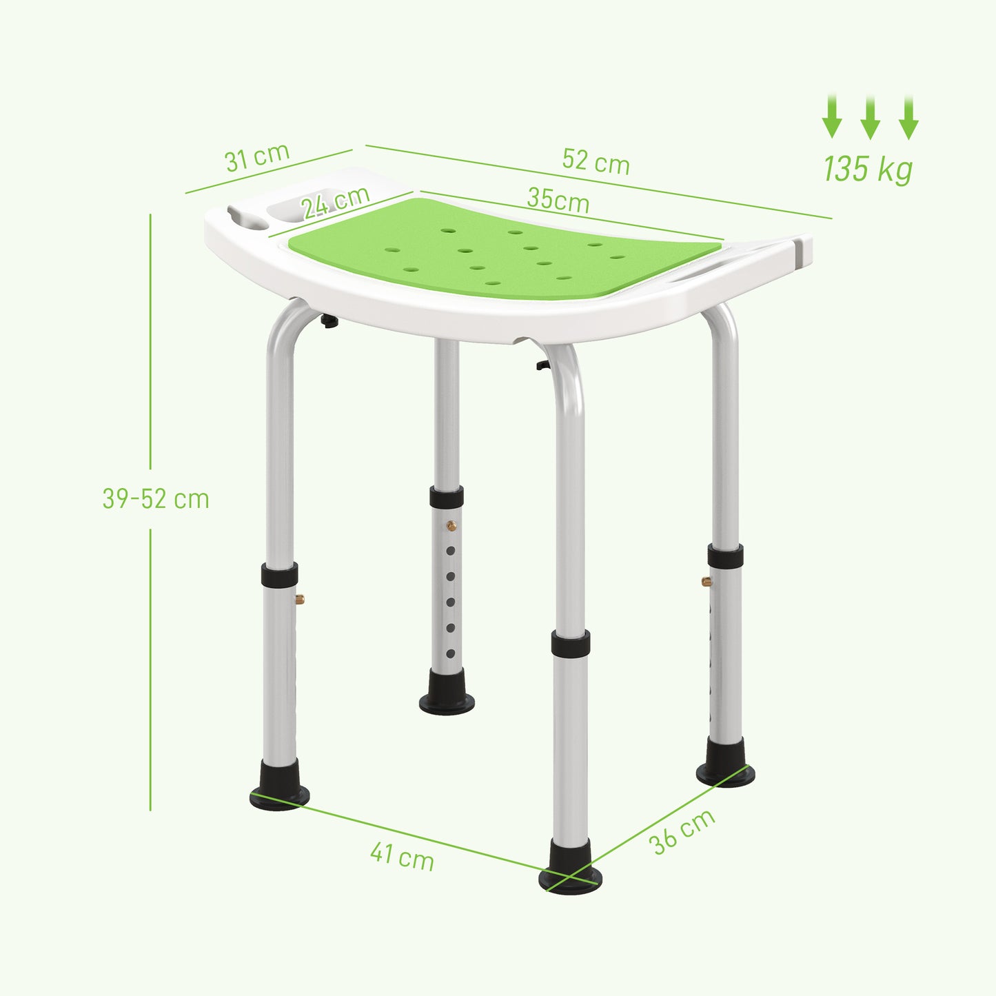 HOMCOM Shower Chair, Adjustable Height Shower Stool with Aluminium Frame and Non-Slip Feet, Bathtub Stool Seat with Padded Seat for Elderly Disabled Handicap, Green