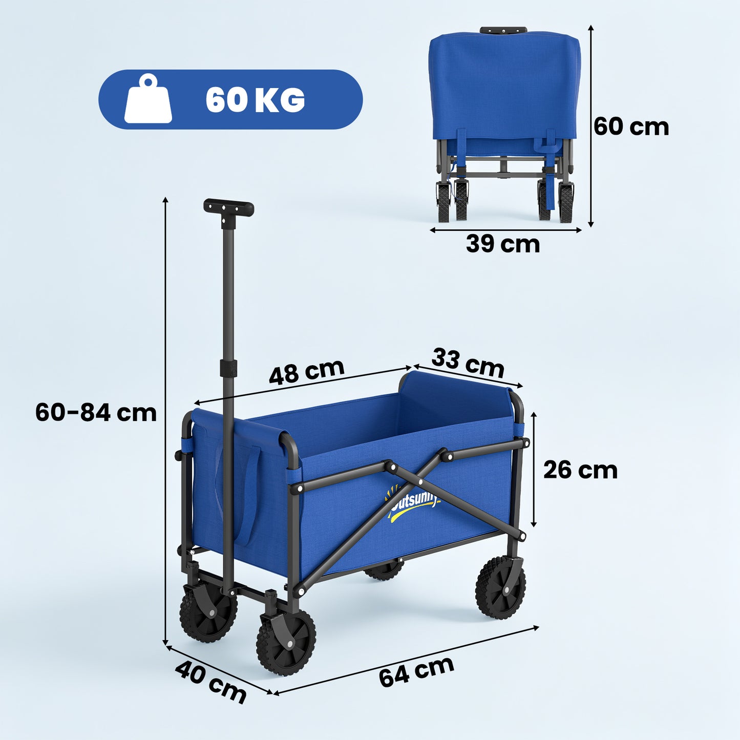 Outsunny 62L Festival Trolley on Wheels, Portable Small Folding Trolley Cart, 60kg Heavy Duty Collapsible Foldable Wagon with Adjustable Handle and Carrying Bag for Beach, Camping, Garden, Blue