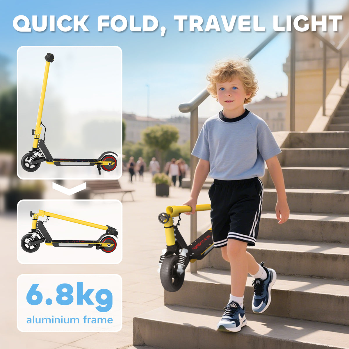 Child carrying the folded gold-tone scooter, with folding steps and weight shown