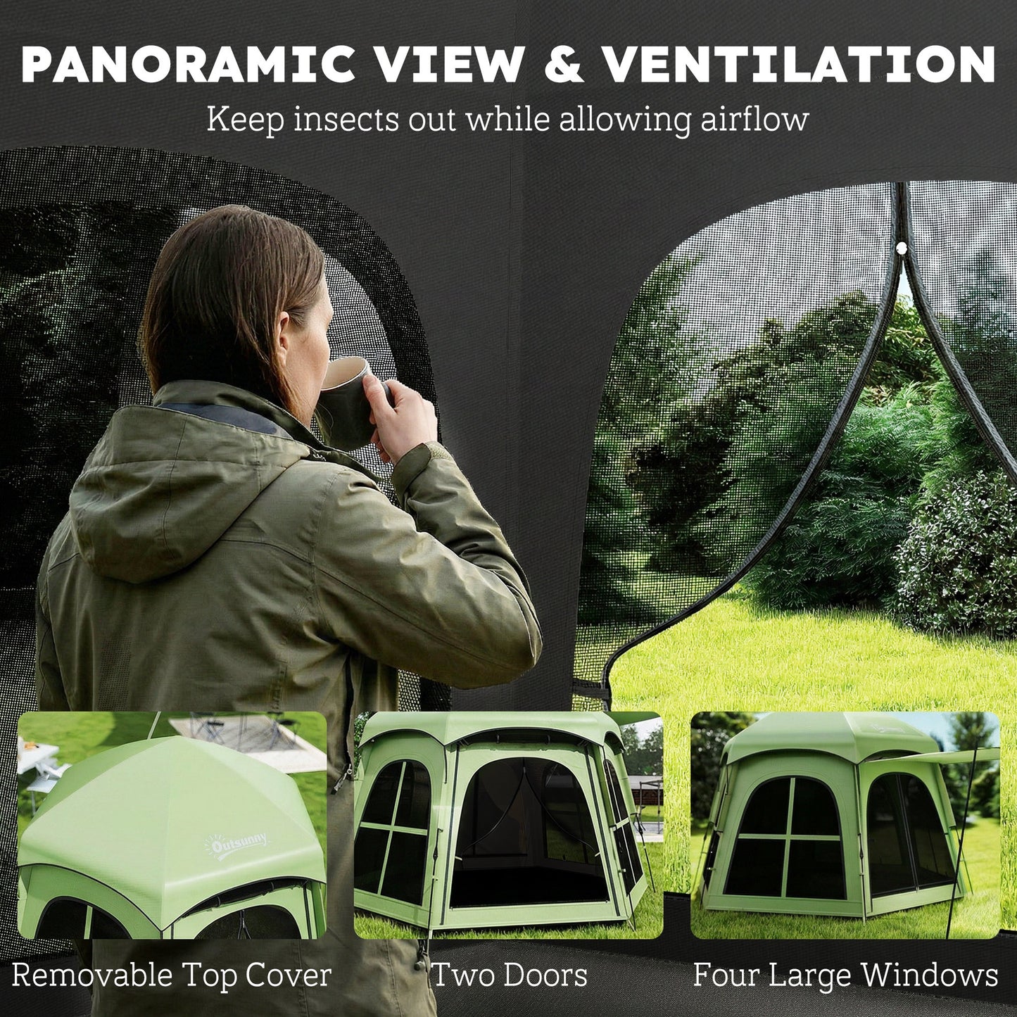 Outsunny Pop Up Tent 3000mm Waterproof Instant Camping Tent 3-4 Person with 2 Doors 4 Windows Green