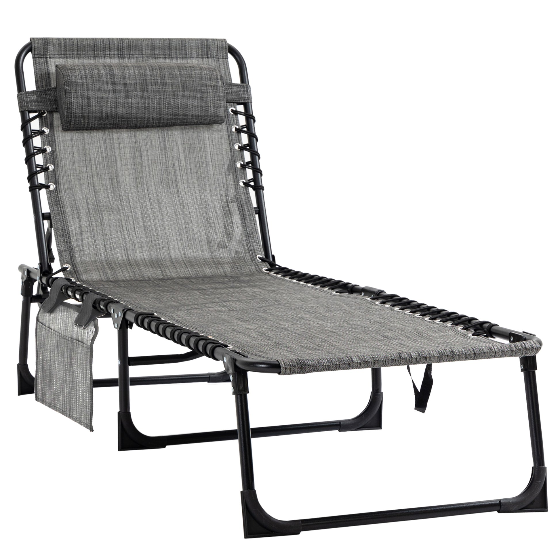 Photo of Outsunny Portable Sun Lounger, Folding Camping Bed Cot, Reclining Lounge Chair 5-position Adjustable Backrest with Side Pocket, Pillow for Patio Garden Beach Pool, Mixed Grey in Grey colour on a white background