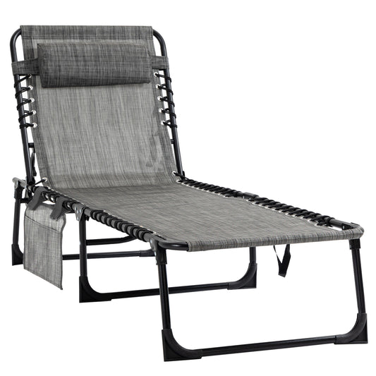 Photo of Outsunny Portable Sun Lounger, Folding Camping Bed Cot, Reclining Lounge Chair 5-position Adjustable Backrest with Side Pocket, Pillow for Patio Garden Beach Pool, Mixed Grey in Grey colour on a white background