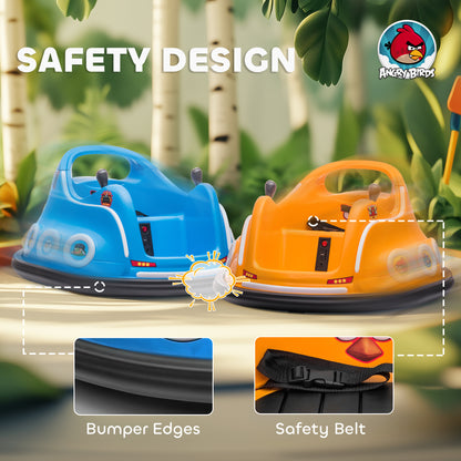 Orange bumper car with black safety belt and cushioned black bumper edge