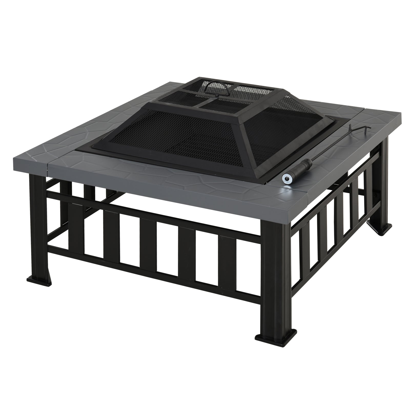 Photo of Outsunny Metal Large Firepit Outdoor Square Fire Pit Brazier with Rain Cover, Lid, Log Grate, Poker for Backyard, Camping, BBQ, Bonfire, Wood Burning Stove, 86 x 86 x 54cm, Black in Black colour on a white background