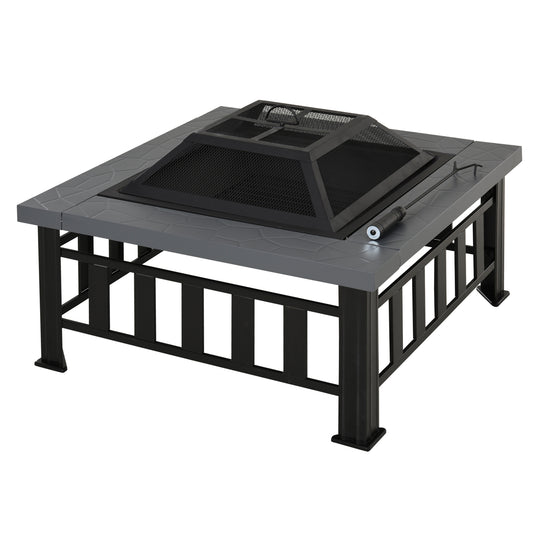 Photo of Outsunny Metal Large Firepit Outdoor Square Fire Pit Brazier with Rain Cover, Lid, Log Grate, Poker for Backyard, Camping, BBQ, Bonfire, Wood Burning Stove, 86 x 86 x 54cm, Black in Black colour on a white background