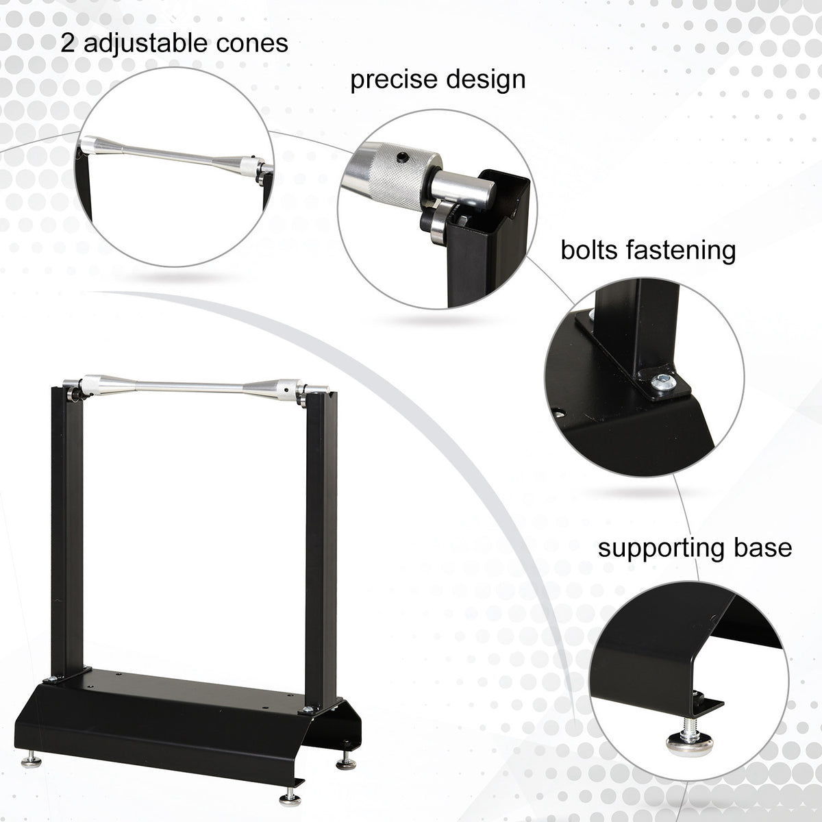 DURHAND wheel balancing stand with adjustable cones, bolted uprights, and support feet
