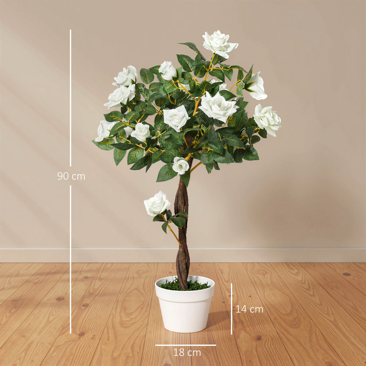 Outsunny artificial white rose tree, 90 cm tall, in a white pot