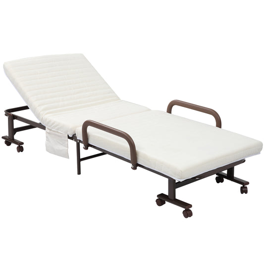 Photo of HOMCOM Folding Bed with Mattress, Single Guest Bed, Portable Fold Bed with Adjustable Backrest, White in White colour on a white background