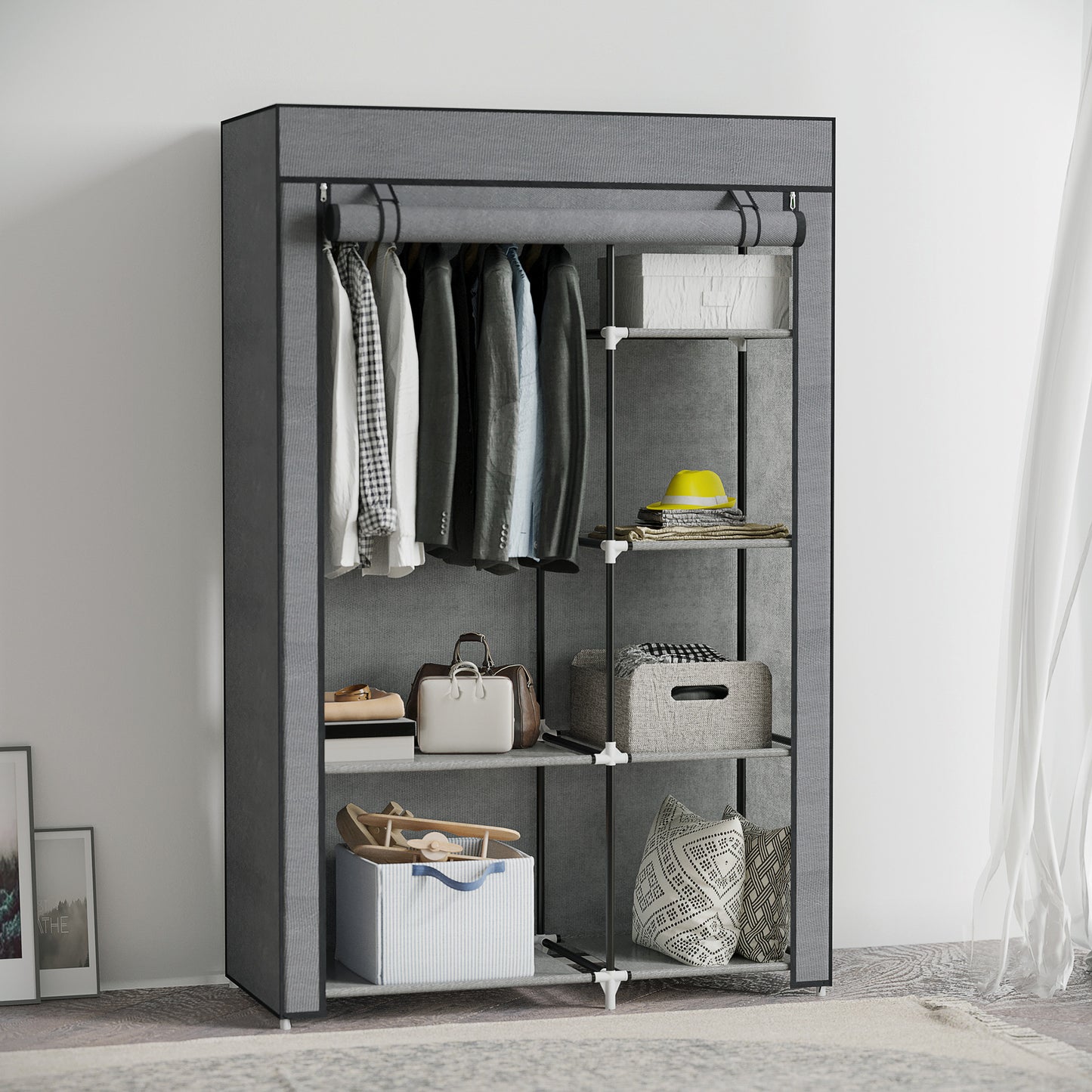 HOMCOM Fabric Wardrobe w/ Shelves Hanging Rail Foldable Wardrobe Dark Grey