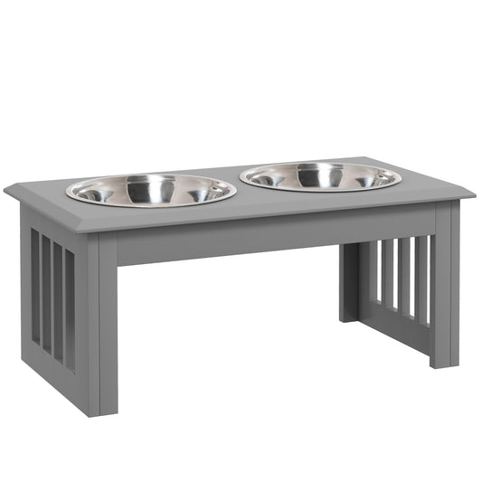 Photo of PawHut Raised Dog Feeding Bowls with Stand, Stainless Steel for Medium Dog, 58L x 31W x 25H cm - Grey in Grey colour on a white background