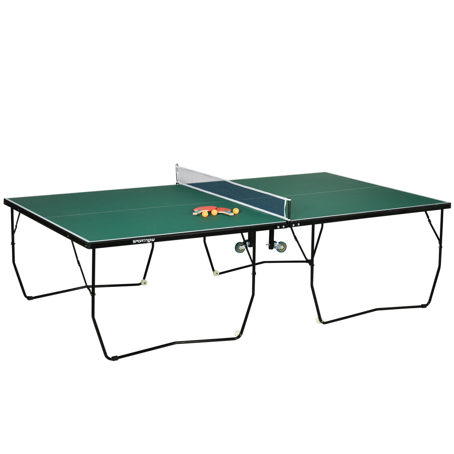 Photo of SPORTNOW 9FT Folding Tennis Table, with 8 Wheels, for Indoor Use, Green in Green colour on a white background
