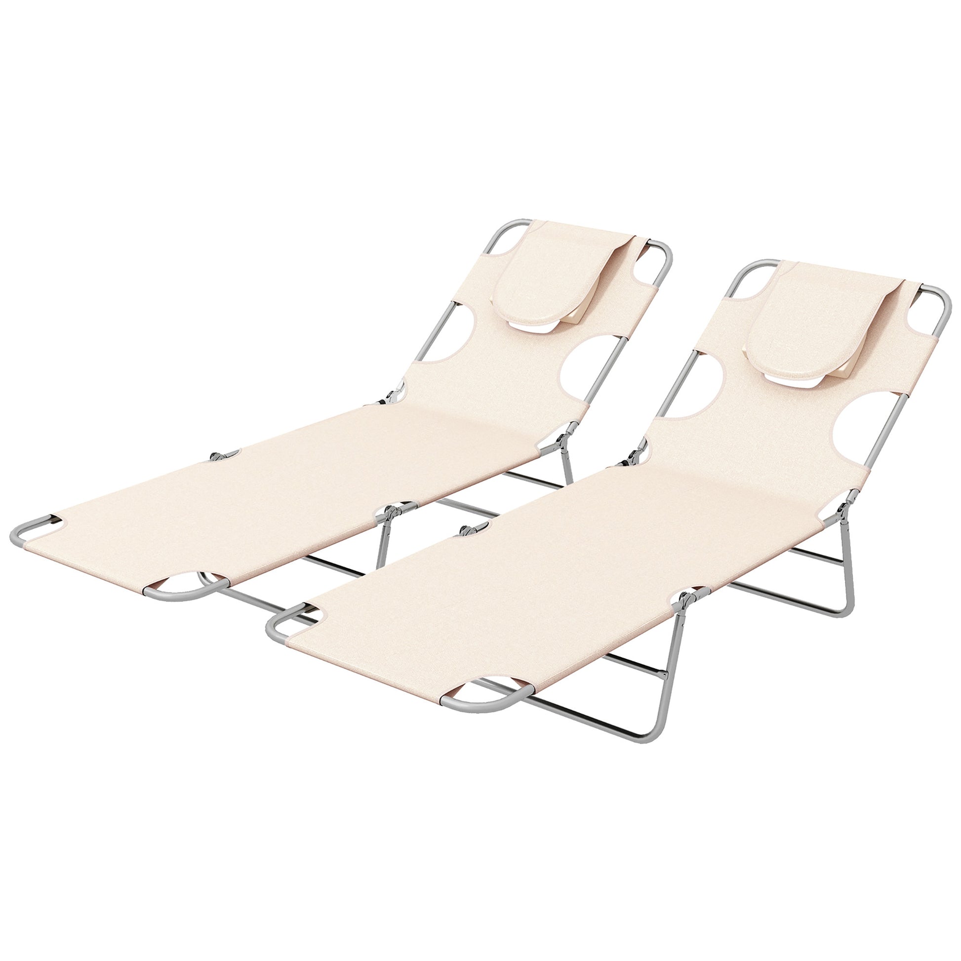 Photo of Outsunny Foldable Sun Lounger Set of 2, Beach Chaise Lounges with Reading Hole, Arm Slots, 5-Position Adjustable Backrest, Side Pocket, Pillow for Patio, Garden, Beach, Pool, Beige in Beige colour on a white background