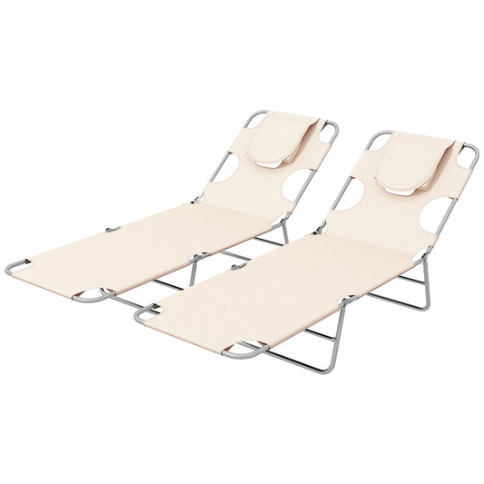 Photo of Outsunny Foldable Sun Lounger Set of 2, Beach Chaise Lounges with Reading Hole, Arm Slots, 5-Position Adjustable Backrest, Side Pocket, Pillow for Patio, Garden, Beach, Pool, Beige in Beige colour on a white background