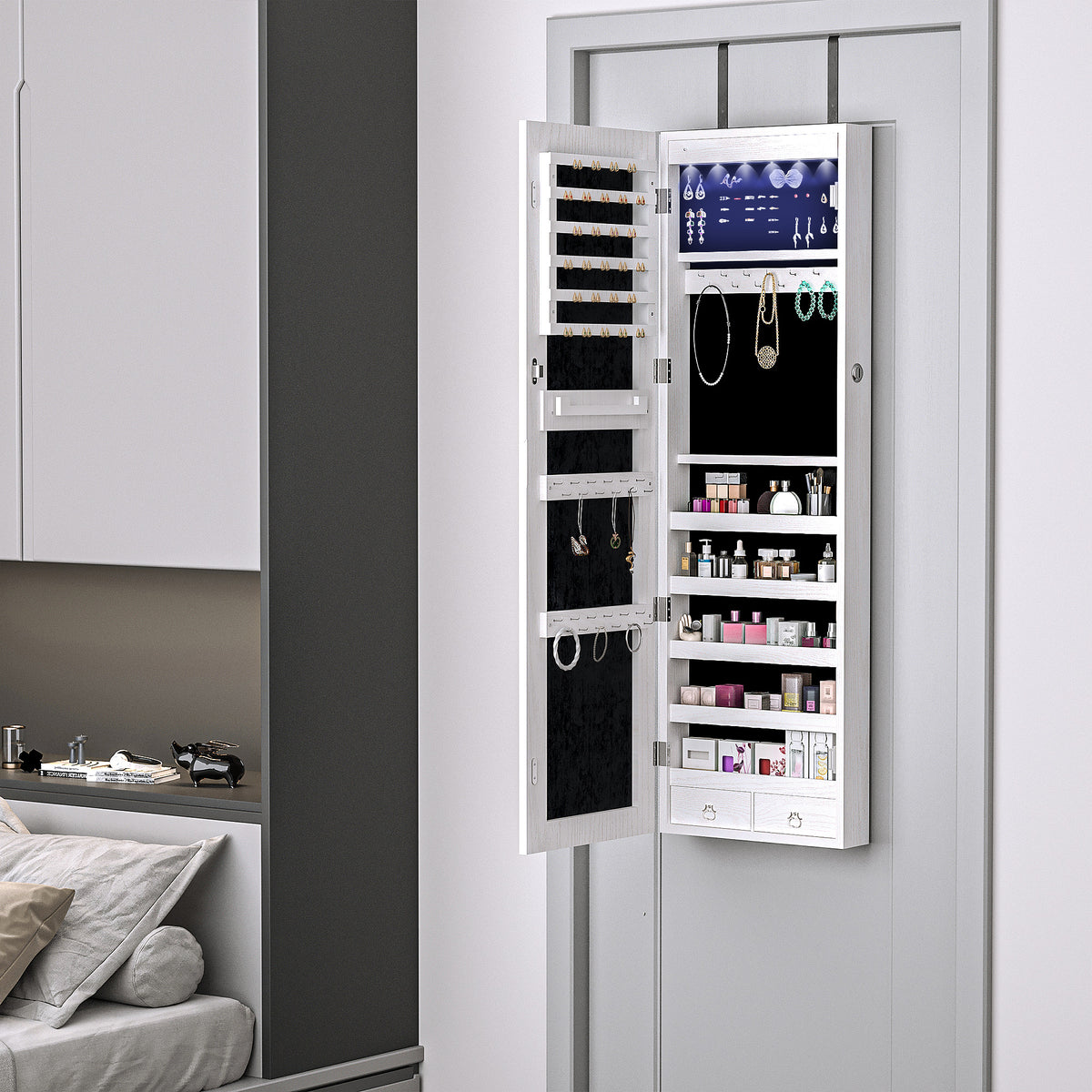 HOMCOM Jewelry Cabinet with Mirror and LED Lights, Lockable Makeup Cosmetics Jewellery Organiser, Mirror with Storage for Bedroom Dressing Room, White