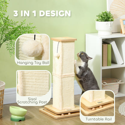 PawHut scratching post with sisal panels, dangling ball and rolling track toy at the base