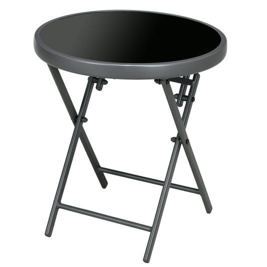 Photo of Outsunny Φ45cm Garden Side Table, Outdoor Round Folding Patio Table with Imitation Marble Glass Top, Small Coffee Table, Black in Black colour on a white background