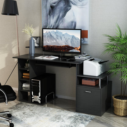 Black HOMCOM computer desk styled with a monitor, printer, open shelving, and drawer cabinet