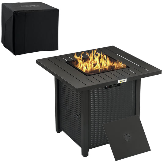 Photo of Outsunny Rattan-style Propane Gas Fire Pit Table with 40,000 BTU Burner, Square Smokeless Firepit Patio Heater with Thermocouple, Lava Rocks, Waterproof Cover, Spark Guard and Lid, Black in Black colour on a white background