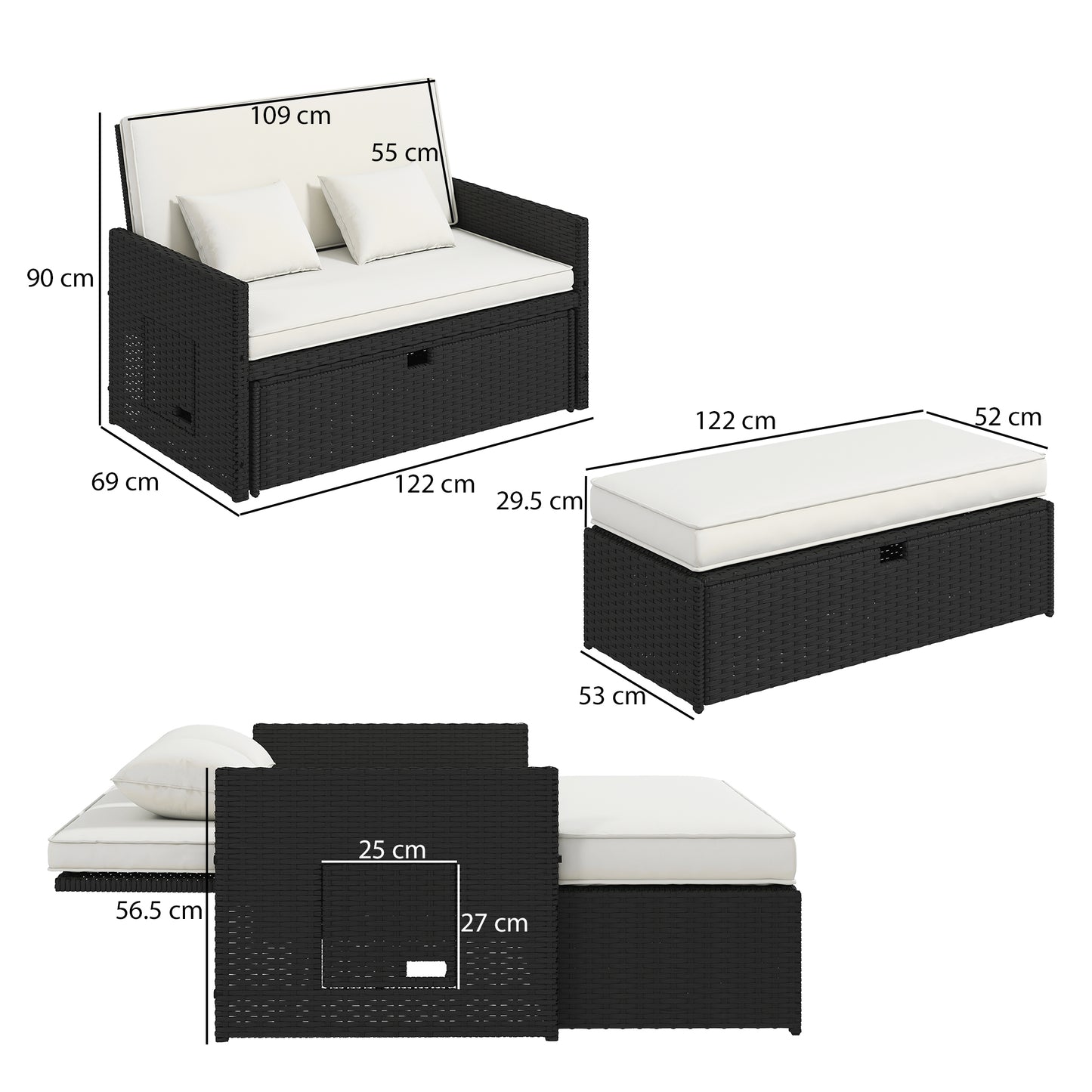 Outsunny Rattan Garden Daybed, Double Sun Lounger with 5-Level Adjustable Back, Storage Ottoman, Cream White