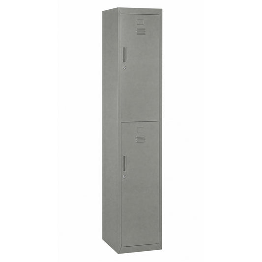 Tall gray steel locker cabinet with two doors, handles, and key locks