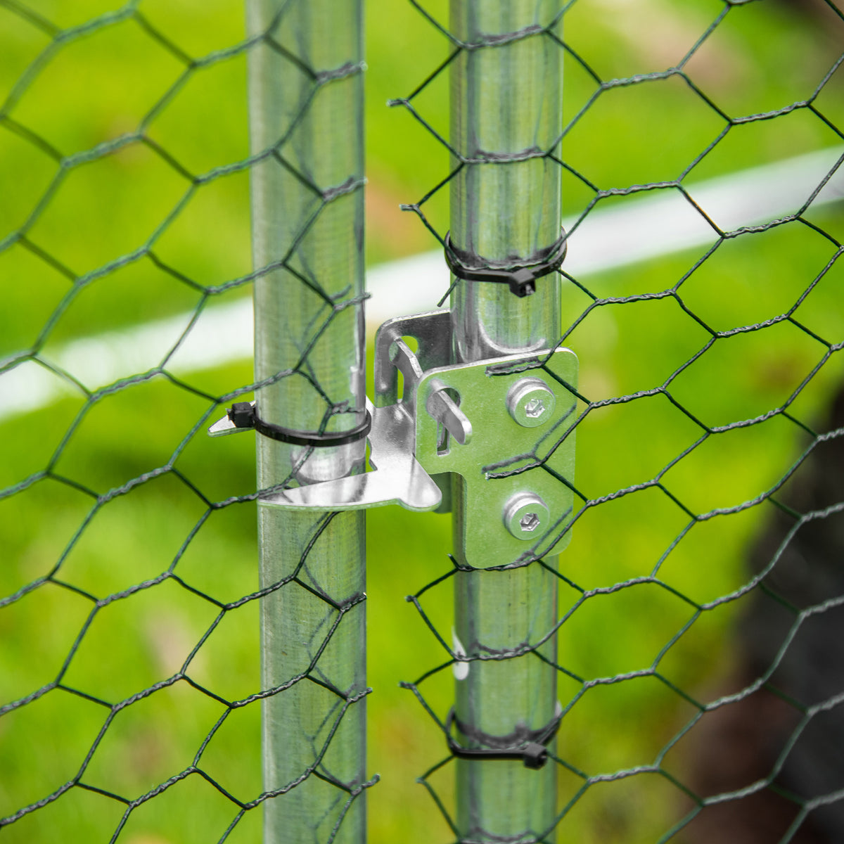 Chicken run mesh secured to metal frame with a bolted connector plate