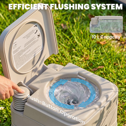 Grey portable toilet with push-button flush and swirling water in the bowl