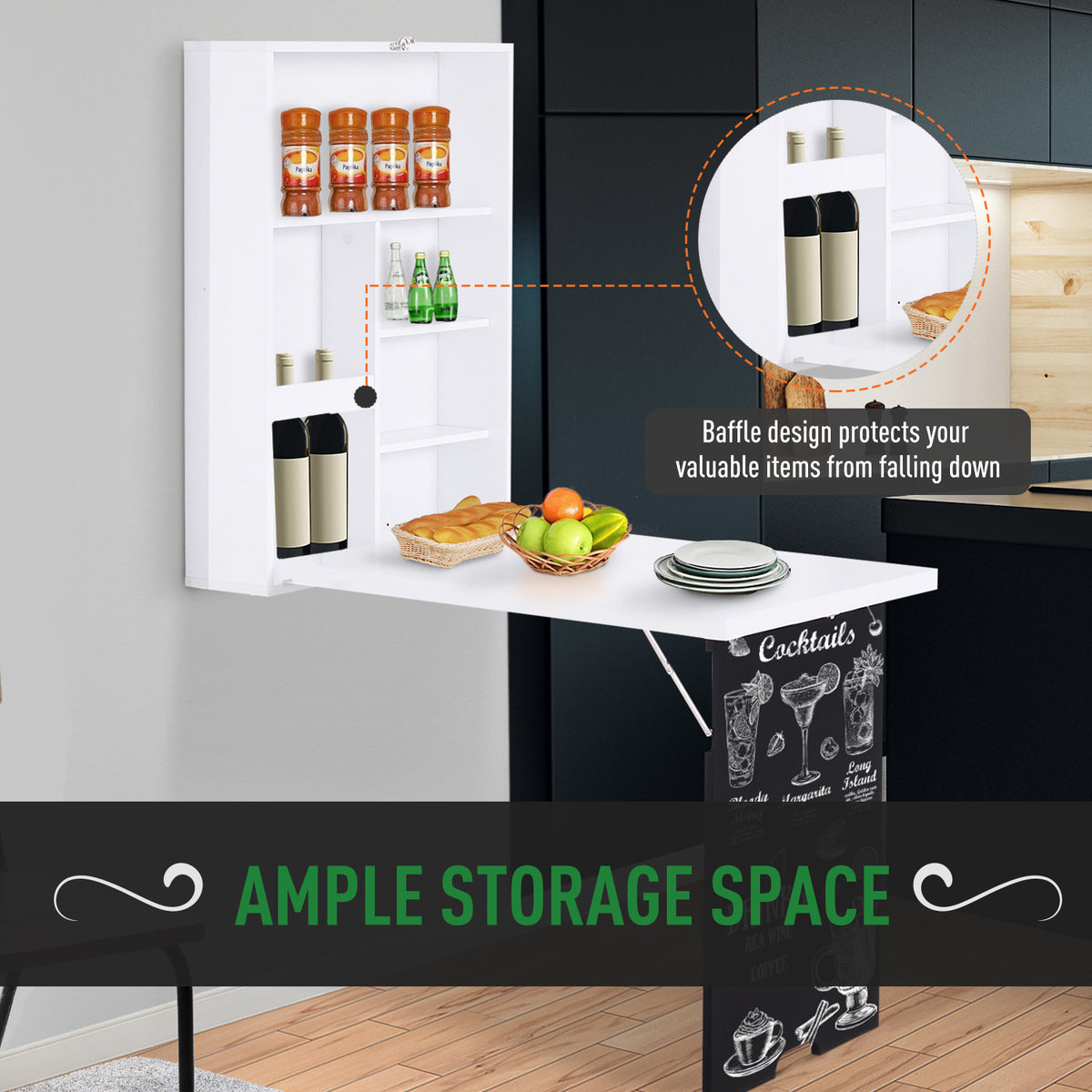 HOMCOM open wall-mounted table with storage shelves, drop-leaf surface, and chalkboard support panel