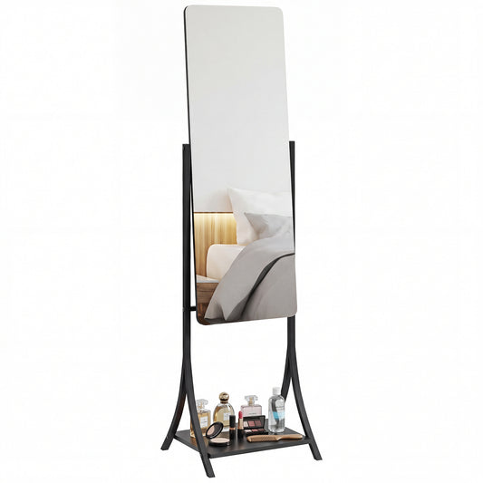HOMCOM full-length dressing mirror with black frame, angled stand, and bottom storage shelf