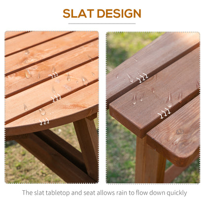 Fir wood picnic set detail showing slatted tabletop and bench seats that let rain drain