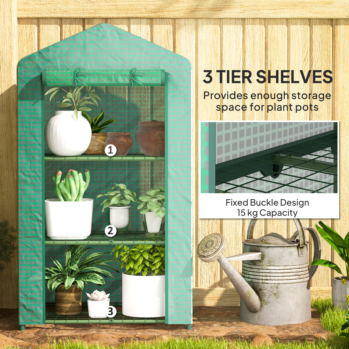 Outsunny green mini greenhouse with three wire shelves and potted plants