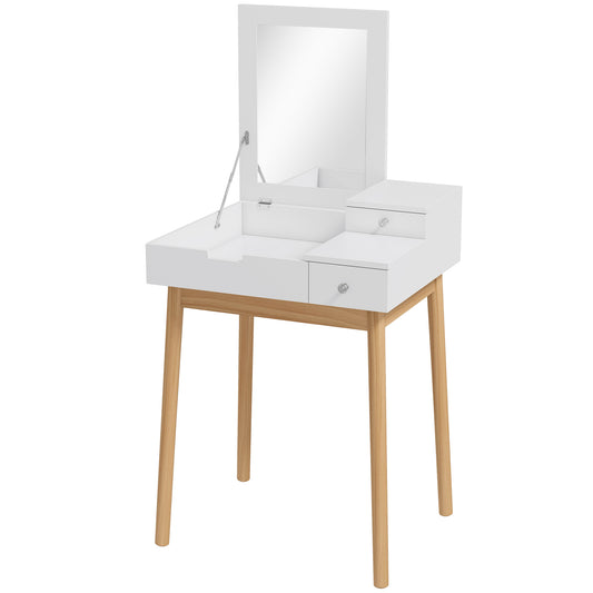 Photo of HOMCOM Dressing Table with Flip-up Mirror, Makeup Desk with 2 Drawers and Pine Wood Legs, Vanity Table Writing Desk for Bedroom Living Room, White in White colour on a white background