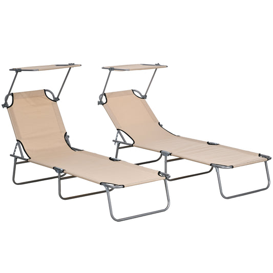 Photo of Outsunny Folding Sun Lounger Set of 2 with Canopy, Reclining Sunbed with 4-Position Adjustable Backrest, 600D Oxford Cloth, Portable Garden Lounger Recliner Chair for Beach, Camping, Patio, Sand in Sand colour on a white background